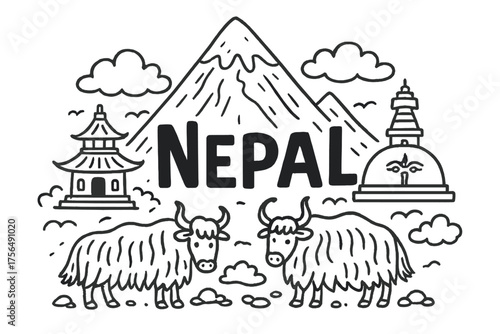 Everest and Yaks Doodle. Doodle nepali everest with yaks, temples, and clouds, center word “Nepal” in black and white isolated