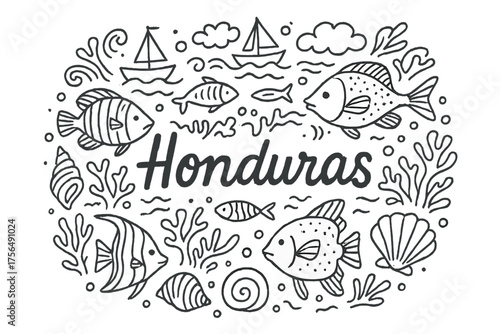 Honduran Reef Doodle. Doodle honduran reef with fish, shells, and boats, center word “Honduras” in black and white isolated
