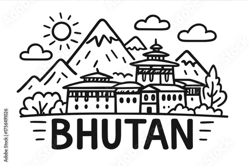 Bhutan Dzong Doodle. Doodle bhutan dzong with mountains, suns, and clouds, center word “Bhutan” in black and white isolated