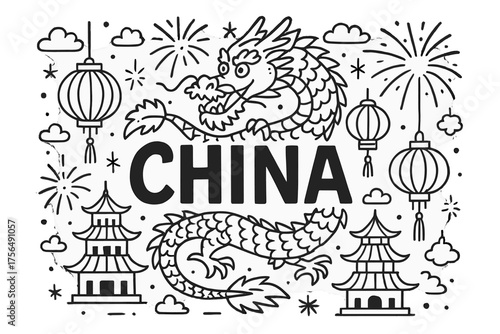 Dragon and Lanterns Celebration. Doodle chinese dragon with lanterns, fireworks, and temples, center word “China” in black and