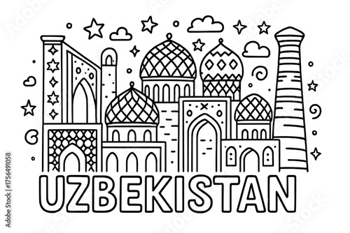 Samarkand Mosaic Doodle. Doodle uzbek samarkand with mosaics, domes, and stars, center word “Uzbekistan” in black and white
