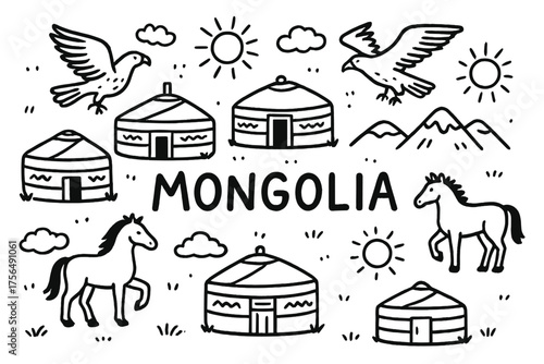 Mongolian Yurt Doodles. Doodle mongolian yurts with horses, eagles, and suns, center word “Mongolia” in black and white isolated