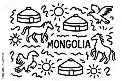 Mongolian Yurt Doodles. Doodle mongolian yurts with horses, eagles, and suns, center word “Mongolia” in black and white isolated