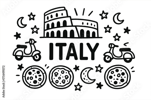Colosseum and Scooters Doodle. Doodle italian colosseum with scooters, pizzas, and moons, center word “Italy” in black and white