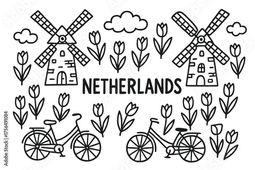 Dutch Windmill Doodle. Doodle dutch windmills with tulips, bikes, and clouds, center word “Netherlands” in black and white