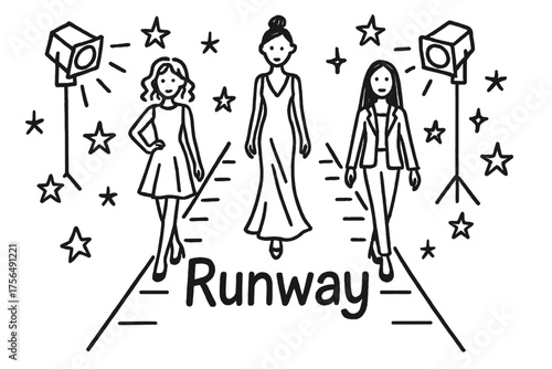 Doodle Fashion Runway. Doodle fashion runway with models, spotlights, and stars, center word “Runway” in black and white isolated