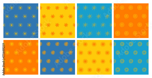 Sun icon grungy effect seamless pattern. Different sun hand drawn sketch trendy boundless background. Textured endless vector collection. Summertime bright lighting drawing wrapper backdrop template