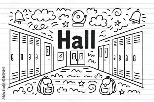 School Hall Doodle. Doodle school corridor with lockers, bells, and backpacks, center word “Hall” in black and white isolated
