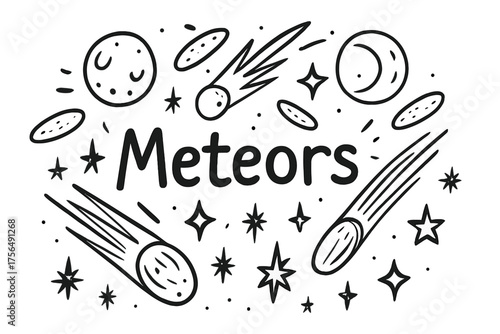 Meteor Shower Doodle. Doodle meteor shower with moons, comets, and sparkles, center word “Meteors” in black and white isolated