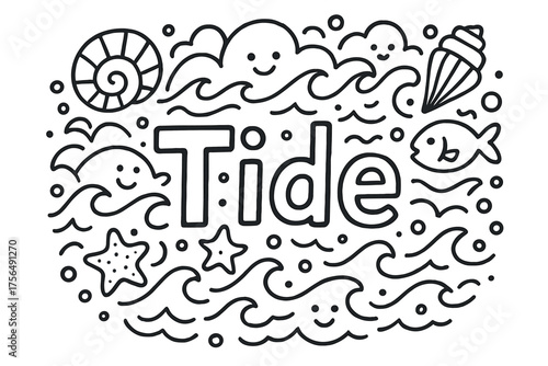 Doodle Tide Art. Doodle tide with shells, fish, and smiling waves, center word “Tide” in black and white isolated transparent