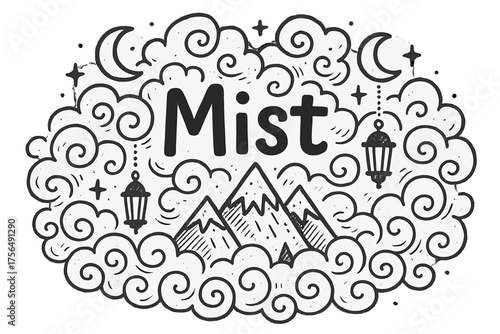 Mistful Mountain Doodle. Doodle mist with mountains, moons, and lanterns, center word “Mist” in black and white isolated