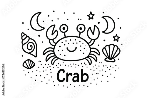 Crab Doodle Art. Doodle crab with shells, moons, and sand, center word “Crab” in black and white isolated transparent background