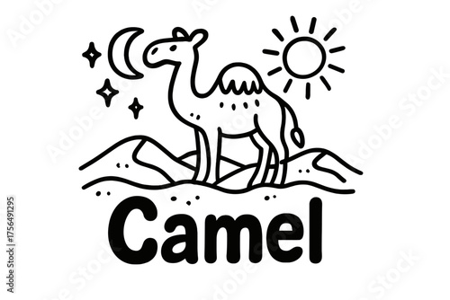 Camel Doodle Art. Doodle camel with dunes, suns, and moons, center word “Camel” in black and white isolated transparent background