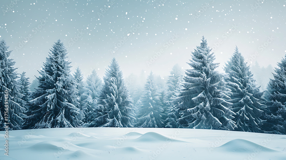 Fototapeta premium Serene Winter Forest Panorama with Falling Snow and Snow-Covered Evergreen Trees