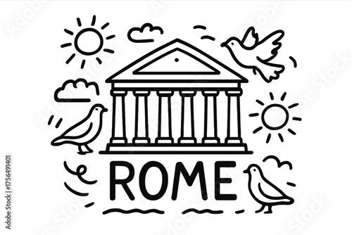 Rome Pantheon Doodle. Doodle rome pantheon with columns, suns, and pigeons, center word “Rome” in black and white isolated
