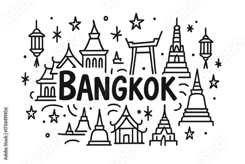 Bangkok Doodle with Lanterns. Doodle bangkok grand palace with lanterns, stars, and temples, center word “Bangkok” in black and