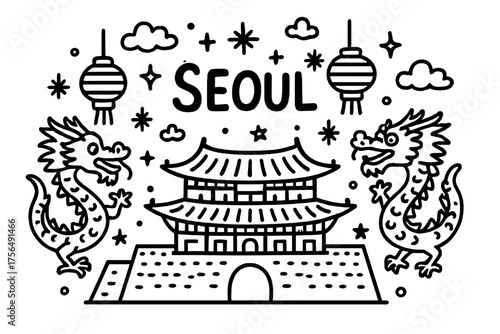 Seoul Doodle. Doodle seoul gyeongbokgung palace with lanterns, stars, and dragons, center word “Seoul” in black and white isolated