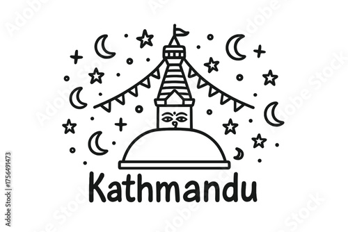 Kathmandu Doodle Art. Doodle kathmandu swayambhunath stupa with stars, moons, and flags, center word “Kathmandu” in black and