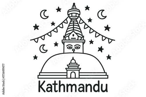Kathmandu Doodle Art. Doodle kathmandu swayambhunath stupa with stars, moons, and flags, center word “Kathmandu” in black and
