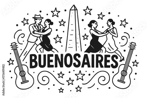 Buenos Aires Doodle. Doodle buenos aires obelisco with stars, guitars, and dancers, center word “BuenosAires” in black and white