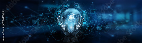 Hand of robot holding business intelligence analytics driving decision-making, data visualization, predictive modeling, and actionable insights for smarter enterprise performance.