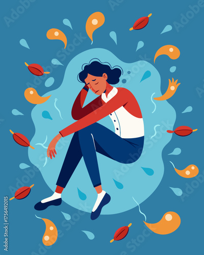 A swarm of negative energy surrounding a person making it hard for them to stay afloat.. Vector illustration