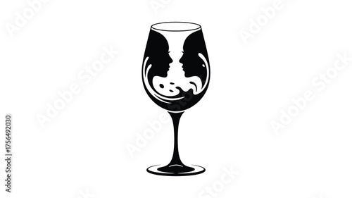 Black silhouette of a champagne flute with a hidden image of two faces in profile and swirling liquid