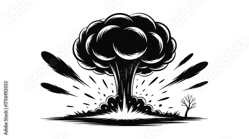 Black silhouette of a mushroom cloud explosion with debris and a lone tree bomb blast