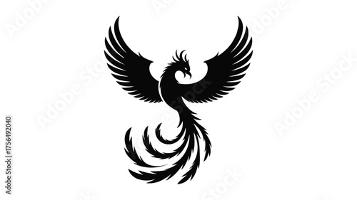 Black silhouette of a phoenix with wings spread wide and a long flowing tail bird