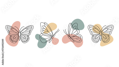 Four minimalist line art butterflies with soft pastel colored blobs on a white background butterfly abstract
