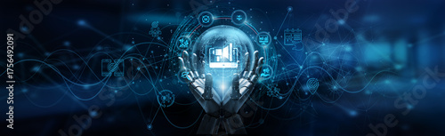 Hand of robot holding digital marketing solution empowering data-driven strategies, personalized campaigns, audience analytics, conversion optimization, and global online brand growth.