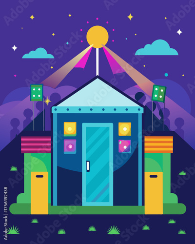 A public restroom at a music and arts festival powered by solar energy and equipped with colorful LED lights and a cooling system to keep attendees refreshed during the hot summer. Vector illustration