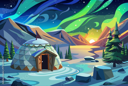 vector of Scandinavian snow shelter with northern lights
