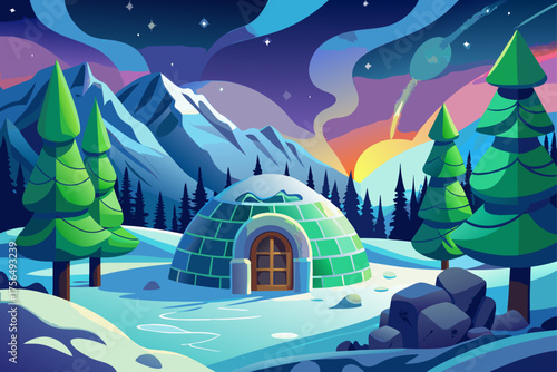 vector of Scandinavian snow shelter with northern lights