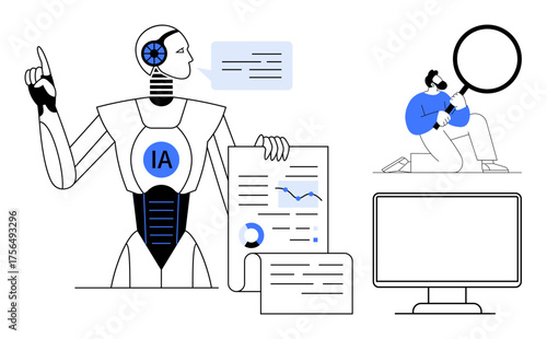 Robot labeled AI analyzing and presenting documents with charts, conversational bubble. Researcher inspecting using magnifier against computer monitor. Ideal for technology, AI, innovation, research