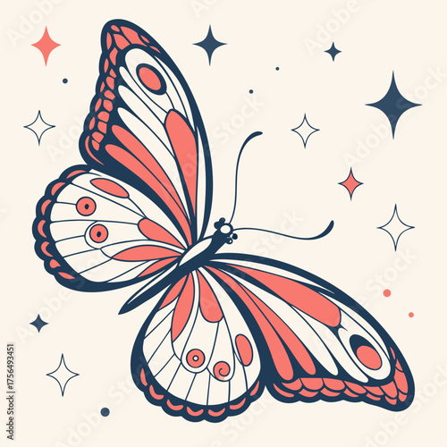 Monarch Butterfly with Stars Vintage Celestial Art