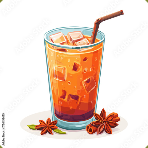 Vector illustration of a glass of iced Thai milk tea with cinnamon stick and star anise, decorated with ice cubes, isolated on a white background. Vector illustration of winter beverage