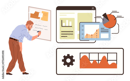 Man writing on whiteboard next to data graphs, pie chart, and analytics interface. Ideal for business strategy, project management, data analysis, performance monitoring, workflow optimization