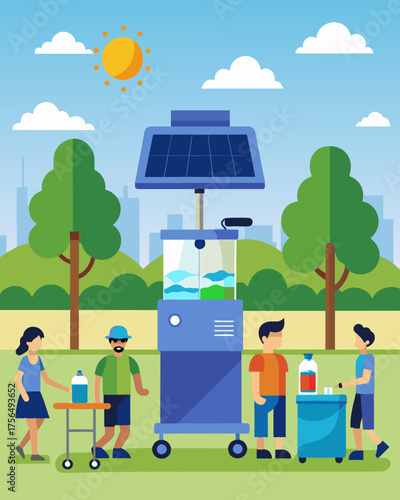 A solarpowered purifier stationed at a busy public park providing free and accessible clean water for visitors to refill their reusable bottles.. Vector illustration