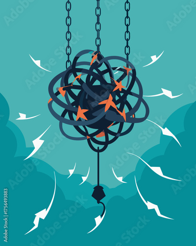 A tangled web of broken chains suspended in midair symbolizing the disarray of ones thinking process.. Vector illustration
