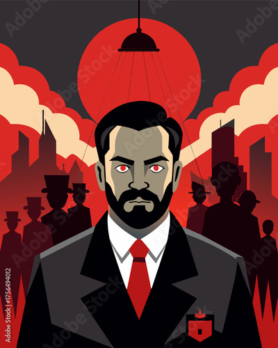 A society brainwashed and controlled by a corrupt dictator pulling the strings of their citizens from the shadows of his regime.. Vector illustration
