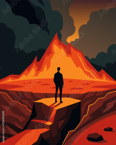 A person standing at the edge of a volcanic crater their body outlined in a tense rigid posture as they gaze at the Stress label bubbling within the volcano.. Vector illustration