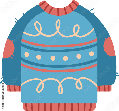 Cute blue winter sweater with pattern, warm knitted clothing illustration in flat vector style