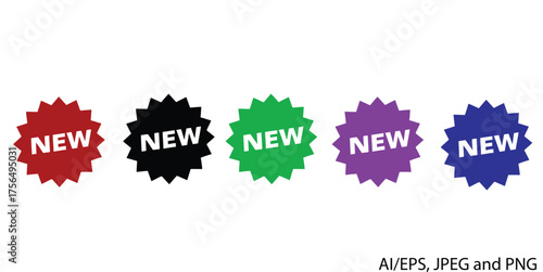 Vector art of collection of five colorful starburst new labels vector