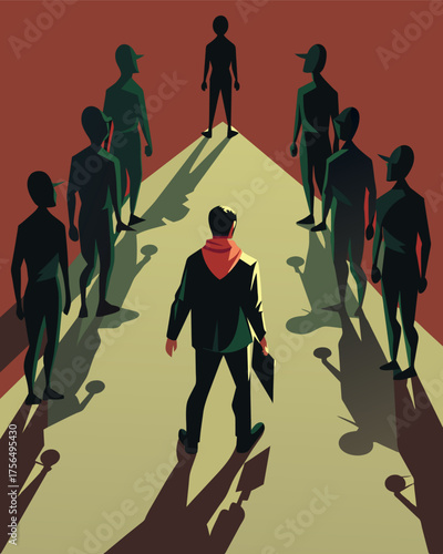 A shadowy figure watches from a distance as a group of protestors march their shadows moving in perfect unison under his manipulation.. Vector illustration