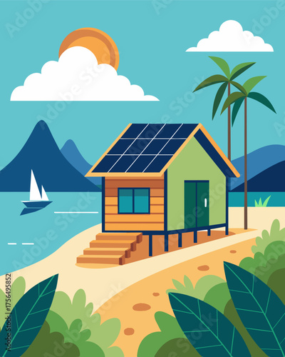 A secluded beachside cabin featuring a sustainable design with solar panels and beach views for a tranquil solarpowered getaway.. Vector illustration