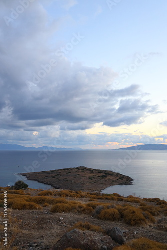 Aerial wide angle view with calm Aegean Sea view during autumn sunset in famous resort town of Bodrum.