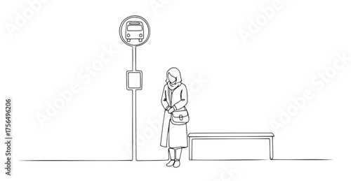 Minimalist black-and-white illustration of woman standing at bus stop with bench and ticket machine. Perfect for urban life, public transport, and daily routine content. 