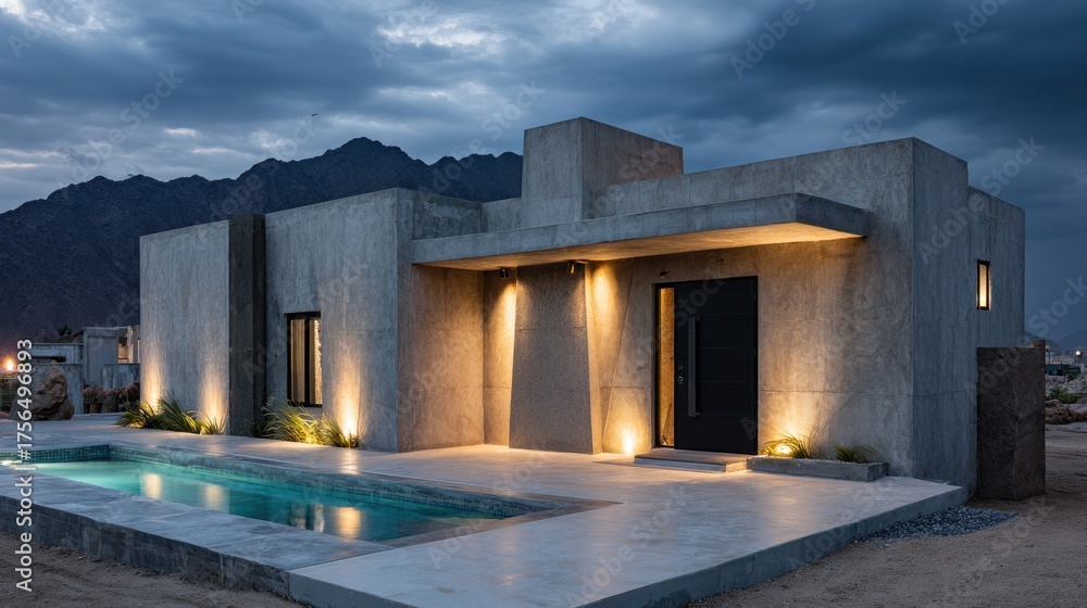 Obraz premium Modern house with pool at dusk