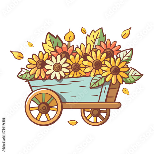 Colorful illustration of a wooden cart filled with vibrant sunflowers and autumn leaves, showcasing a cheerful garden scene with a whimsical touch of nature's beauty